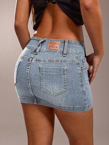 SHEIN Forever 21 Women Double Breasted Waist Design High Street Spice Retro Wash Water Blue Denim Mini Skirt - Baby Blue - View 2