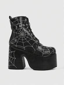 ROMWE Grunge Punk Giày sandal cao gót nữ ~ Thời trang mới 2026 Thu Đông phong cách Punk màu đen PU mũi tròn phong cách punk đế dày buộc dây phía trước kiểu hiệp sĩ phong cách Y2K Goth JK mạng nhện đường phố bốt ngắn bốt cưỡi ngựa - màu đen - Xem 1