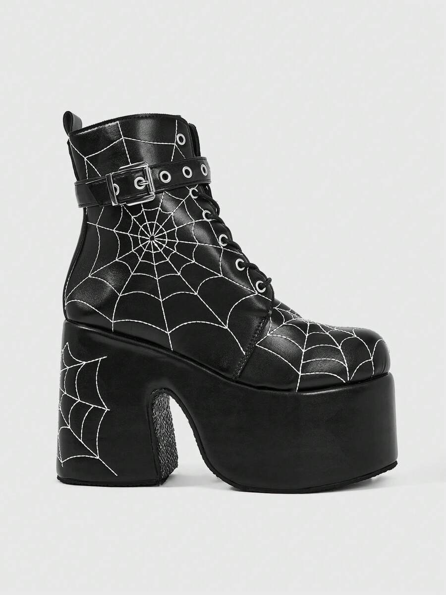 ROMWE Grunge Punk Giày sandal cao gót nữ ~ Thời trang mới 2026 Thu Đông phong cách Punk màu đen PU mũi tròn phong cách punk đế dày buộc dây phía trước kiểu hiệp sĩ phong cách Y2K Goth JK mạng nhện đường phố bốt ngắn bốt cưỡi ngựa - màu đen - Xem 1