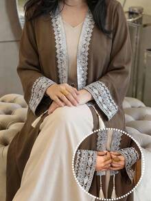 Al Najma Plus Size Women's Fashion Resort Style Sequin Lace Patchwork Tassel Decor Flare Sleeve Loose Arabic Abaya Robe - Army Green - View 2