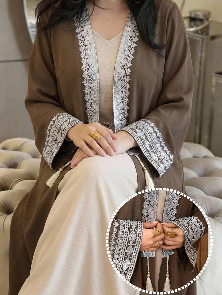 Al Najma Plus Size Women's Fashion Resort Style Sequin Lace Patchwork Tassel Decor Flare Sleeve Loose Arabic Abaya Robe