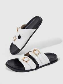 HighSole Ladies Fashion Wide Thickened White Double Buckle Casual Home Flat Sandals - White - View 4