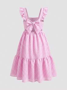 LMoss Kids 少女夏季甜美格子系带荷叶边连衣裙 - 彩色 - 查看 3