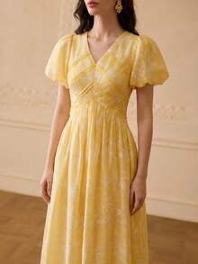 ZEYLAH 女士印花泡泡袖撞色蕾丝连衣裙 - 黃色 - 查看 2