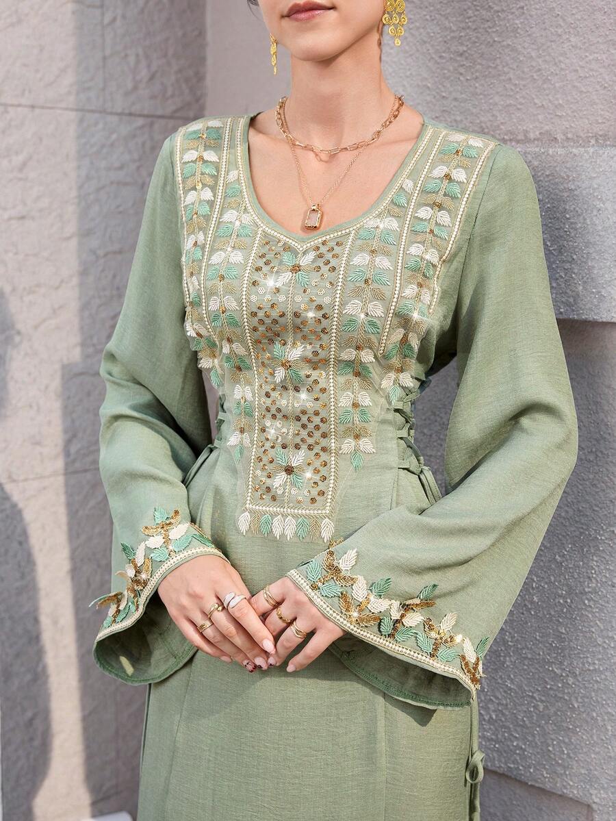 Yasmyna Elegant Embroidered Sequin Side Tie Waist Long Sleeve Flared Robe For Formal Occasions - Green - View 1