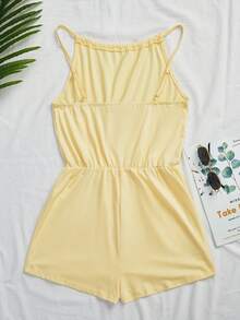 SHEIN EZwear 夏季纯色黑色宽松休闲吊带连体裤，女士短款夏季连体裤，休闲连体裤，黄色连体裤，春季连体裤，女士度假套装，女士连体裤，夏季女士套装，女士夏季服装，女士连体裤 - 鵝黃色 - 查看 2