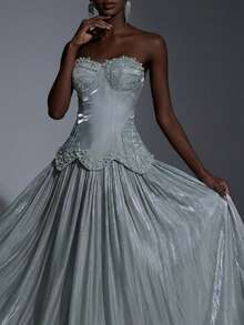 Elegant Luxurious Beaded, Sequin & Embroidered Mesh Splice Sexy Strapless Maxi Dress, Suitable For Weddings, Events, Parties, Vacations, Galas - Green - View 2