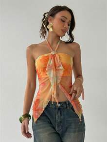 Aloruh Women's Floral Print Patchwork Ruffle Trim Halter Neck Top, Vacation Style - Orange - View 9
