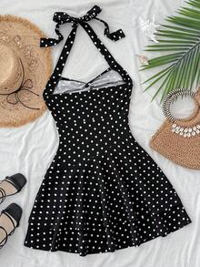 SHEIN Đầm ngắn chấm bi hở lưng cho bé gái tuổi teen, có dây buộc/viền xếp ly và thiết kế hai lớp, thích hợp cho tiệc tùng, hẹn hò, ngày Valentine, kỳ nghỉ. - màu đen - Xem 2