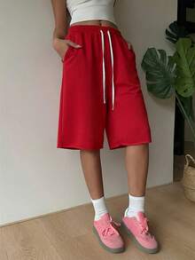 SHEIN EZwear 红色休闲加大码女式短裤 - 紅色 - 查看 4