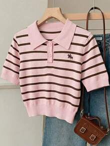 SHEIN EZwear 女士针织条纹 Polo 领短袖上衣，休闲简约复古优雅百搭，适合通勤、聚会、派对、机场等场合，春夏皆宜。 - 彩色 - 查看 1
