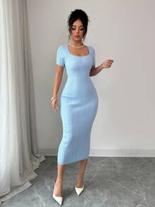 Summer Large U-Neck Short Sleeve Bodycon Maxi Sweater Dress, Sexy Cute Party Blue Dress,Holiday - Baby Blue - View 7