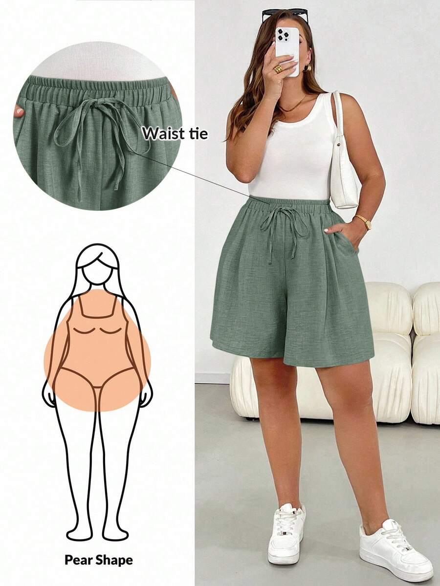 SHEIN Essnce 大码女装春夏时尚休闲宽松舒适基础款日常百搭修身弹力腰卡其色短裤，简约风格，外出服，宽松裤，欧洲夏季，女士机场穿搭，波西米亚风，度假服，曲线短裤，复古富贵风，舒适短裤，飘逸短裤，百慕大短裤 - 綠色 - 查看 1