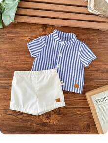 Set Baju Bayi Laki-laki Baru Lahir Kasual Lucu Bergaris Lengan Pendek dan Celana Pendek Pinggang Elastis - Royal Blue - View 3