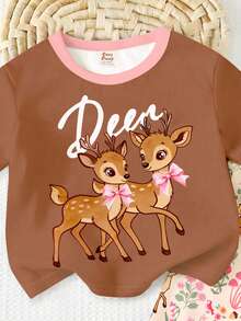 SHEIN 可爱甜美蝴蝶结小鹿“Oh Deer！”波西米亚风印花，女婴休闲简约圆领宽松短袖T恤和裤子两件套，适合春夏日常穿着、街头风、外出、度假、农场、野餐等场合。 - 彩色 - 查看 5