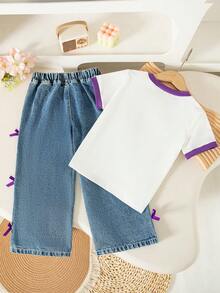 SHEIN Genkimix Kids 女童夏季開學服裝套裝，英文字母蝴蝶結印花T恤，彈性腰直筒牛仔褲附側邊蝴蝶結 - 彩色 - 查看 2