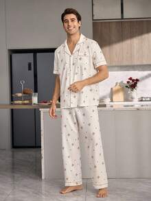 CoupledUp Collar Bear Print Trim Short Sleeve & Pants Men's Pajama Set - Multicolor - View 2