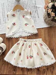 SHEIN 少女编织刺绣纯色圆领不对称蕾丝下摆休闲上衣和迷你裙两件套，可爱、优雅、甜美、复古又时尚。适合妈妈、女儿、姐妹搭配，度假、节日、上学、日常穿着、居家聚会和特殊场合，春夏皆宜。 - 杏色 - 查看 2