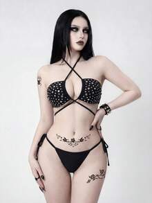 ROMWE Goth 女士铆钉装饰挂脖打结分叉比基尼套装 - 黑色 - 查看 3