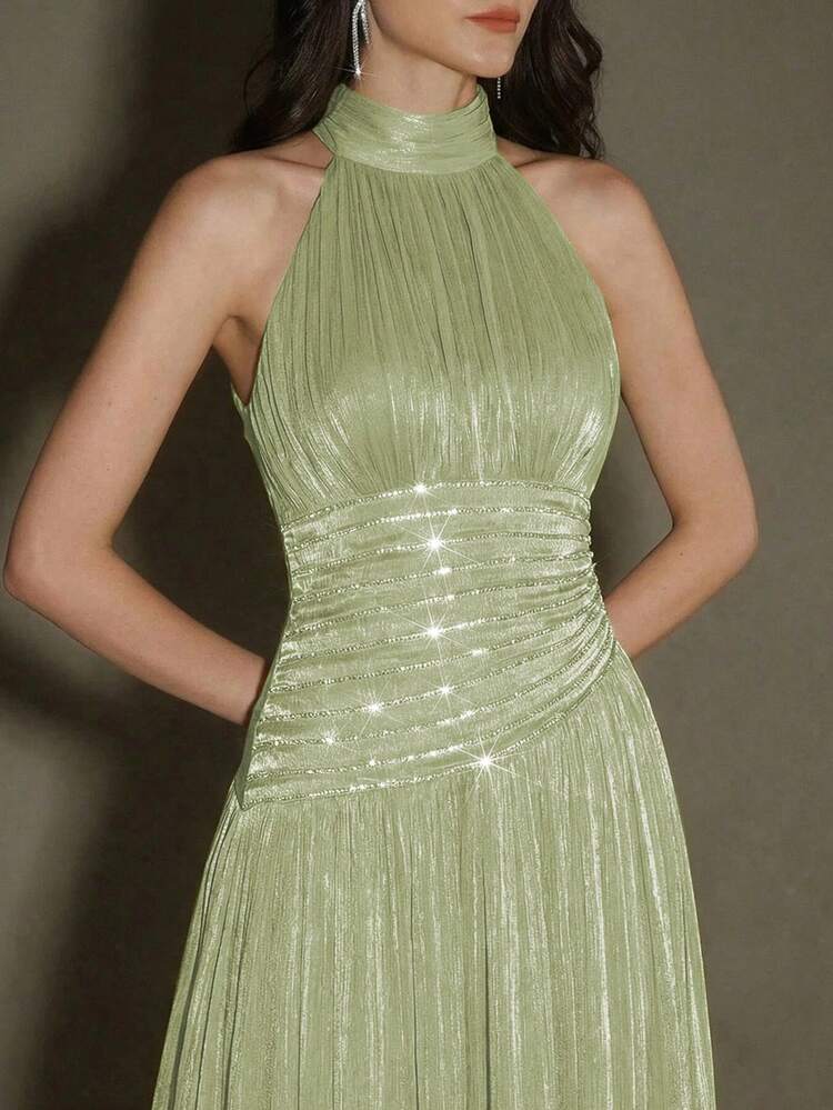 Women's Summer Round Neck Beaded Chain Pleated Waist Shiny Party Elegant Vacation Dress