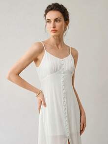 Uhlyne Casual Commute Vacation Textured Crinkle Fabric Ruched Bodice Split Midi Dress - White - View 1