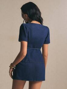 Poéselle Bộ đồ nữ gồm áo tay ngắn buộc dây và chân váy mini denim. - Rửa trung bình - Xem 3