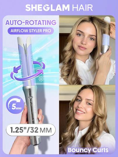 SHEGLAM HAIR 一鍵式氣流造型器 Pro-32mm 銀紫色，冷風自動旋轉捲髮棒，5分鐘快速造型，360°冷風​​一鍵操作，持久定型，5檔溫度可調，防燙傷，自動斷電，雙電壓設計，適用於中長髮、長髮及所有髮質 - 美髮插頭 生日 禮物 假期 粉紅色的 氛圍 化妝品 旅行 學校 節慶 玫瑰 展示 女孩 魅力 護髮 母親節 想要 時尚 銳舞派對