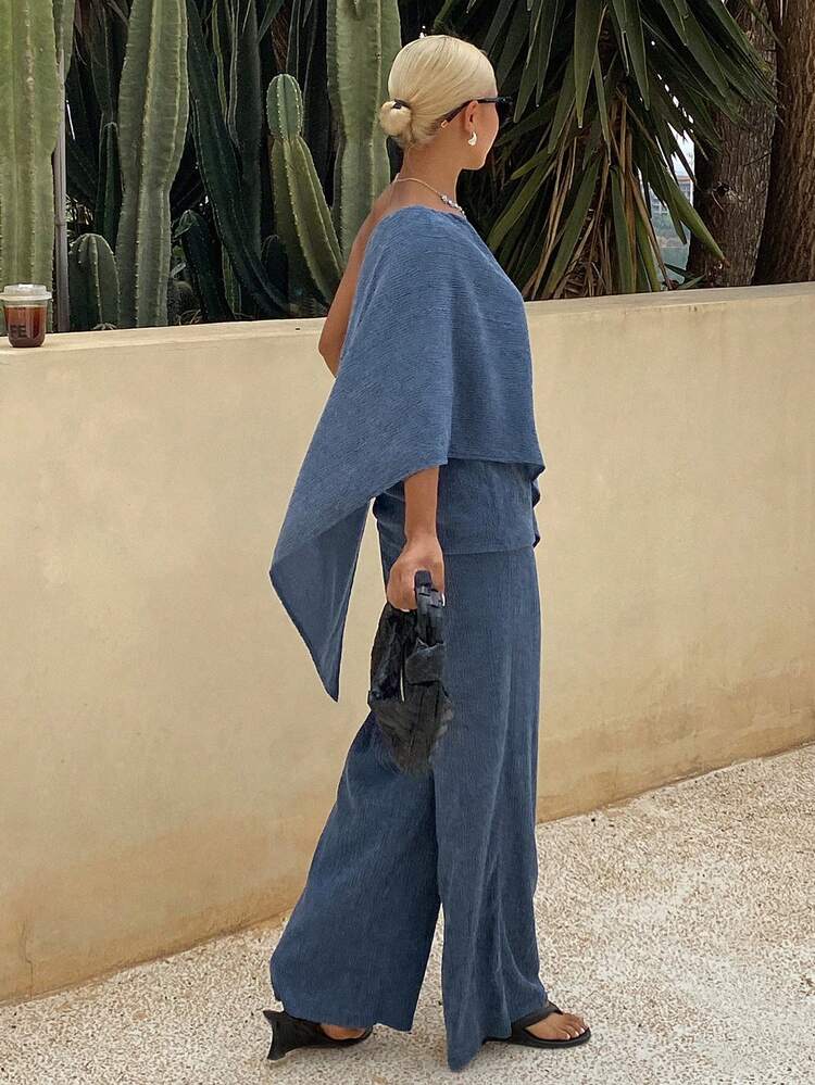 Women's Casual Loose Shoulder Strap Top And Wide Leg Pants 2 Pieces Set