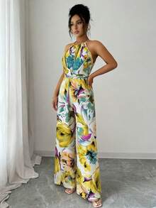 Elenzga Bộ jumpsuit nữ thanh lịch không tay, dây mảnh, xếp ly, thắt eo, họa tiết hoa. - Nhiều màu - Xem 7
