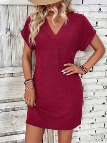 EMERY ROSE Women's Summer Casual Vacation Solid Color Textured V-Neck Batwing Sleeve Dress - Red - View 3