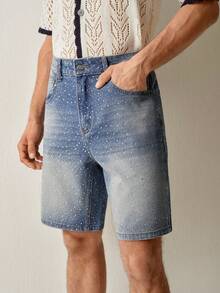 Manfinity EMRG Pantalones cortos vaqueros de pierna ancha con adornos de diamante de imitación para hombres - Lavado ligero - Ver 6