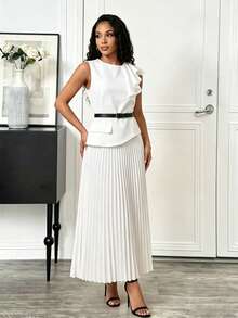 Women's Elegant Round Neck Ruffle Asymmetric Hem Pleated Top + Skirt 2 Pieces Set With Belt, Practical For Party, Vacation, Commute, Casual Daily Wear, Spring/Summer Pleated Long Skirt And Top Set Skirt And Top Set For Women Formal - White - View 1