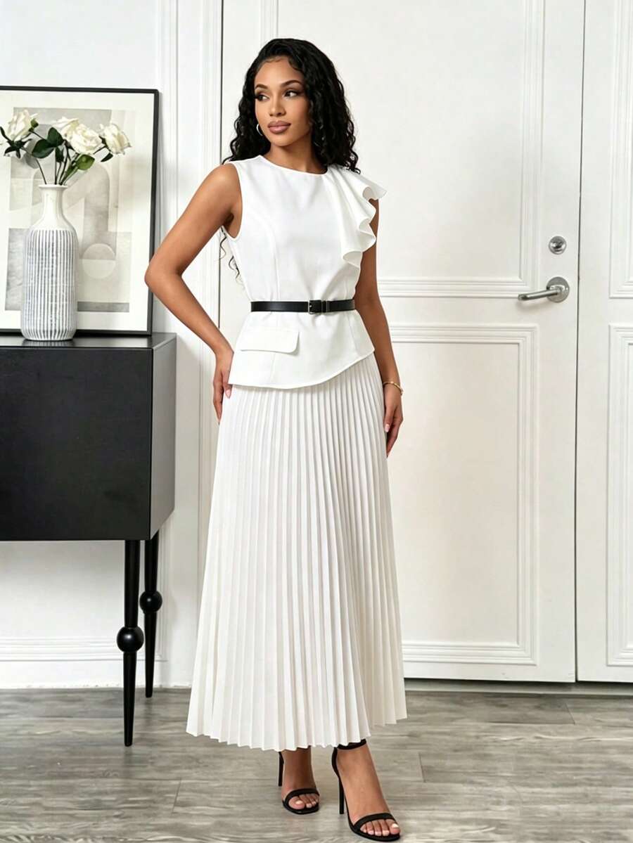 Women's Elegant Round Neck Ruffle Asymmetric Hem Pleated Top + Skirt 2 Pieces Set With Belt, Practical For Party, Vacation, Commute, Casual Daily Wear, Spring/Summer Pleated Long Skirt And Top Set Skirt And Top Set For Women Formal - White - View 1
