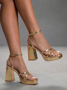 CUCCOO SZL Gold Metallic Block Heel Platform Sandals With Ankle Strap Square Toe Heeled Sandals Summer - Gold - View 4