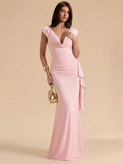 Glamine Đầm dệt kim màu hồng, kiểu dáng thanh lịch, sang trọng, cổ xếp ly, không tay, eo nhún bên hông và đuôi cá, chất liệu mềm mại, thiết kế lưng chữ V sâu, phù hợp cho dạ hội, dự đám cưới, tiệc cocktail cao cấp, tiệc trà chiều với bạn bè, sinh nhật, chụp ảnh.