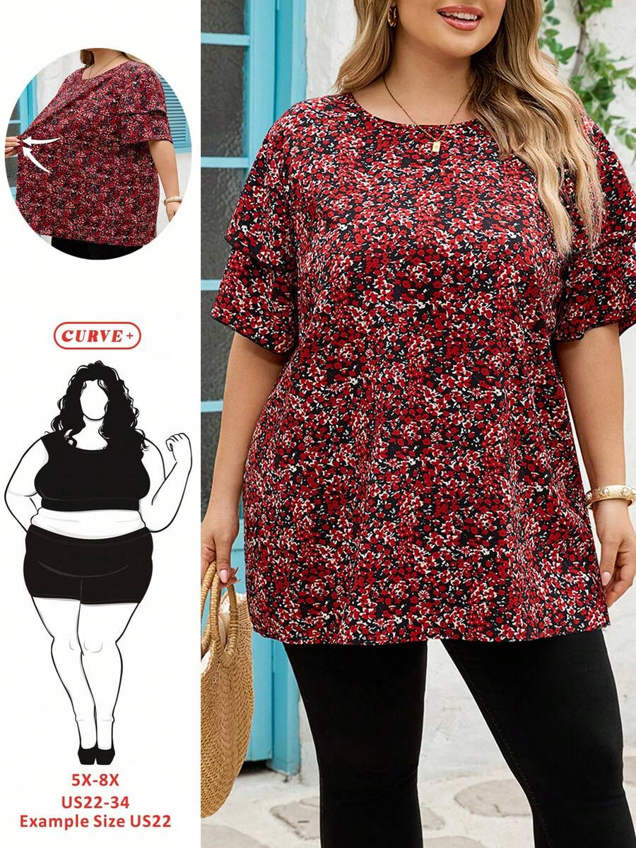 SHEIN CURVE+ Áo kiểu nữ cỡ lớn in hoa, tay hai lớp, thanh lịch cho mùa hè, áo sơ mi nữ, áo kiểu nữ, áo dễ thương, áo sơ mi mùa hè, áo sơ mi ngộ nghĩnh. - Màu đỏ tím - Xem 1