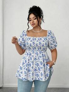 SHEIN Elenzya 大码时尚褶皱女式衬衫，方领优雅百搭修身时尚上衣 - 藍白色 - 查看 4
