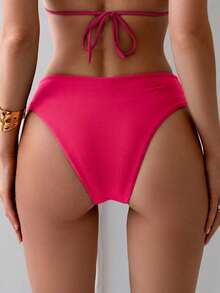 Swim Basics Bottom de bikini con fruncidos de color liso y escote en V para mujer, ropa de baño de verano - Rosado Sandía - Ver 2