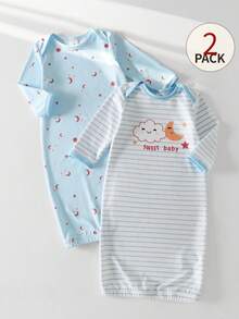 2-Pack Newborn Blue Summer Nightgown & Swaddle Blanket Set, Star & Moon Print, Long Sleeve Spring & Summer Pajamas, Ideal For Easy Changing - Baby Blue - View 7