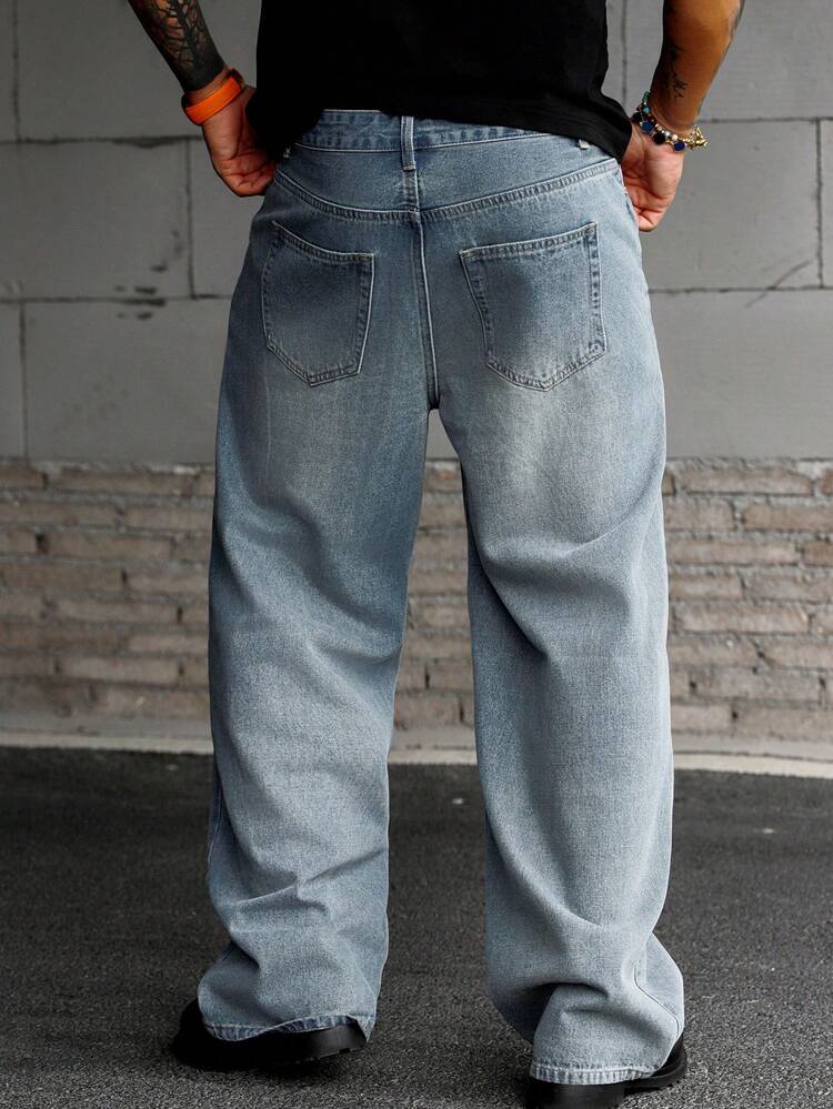 Men's Distressed Long Blue Denim Jeans, Suitable For Spring And Autumn