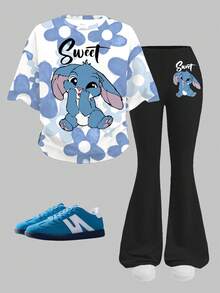 Ensemble 2 pièces Top à manches courtes col rond et pantalon évasé, motif lapin bleu Lulu et Stitch, dégradé bleu floral, style dessin animé décontracté pour jeune fille, adapté pour l'été - Multicolore - Voir 2