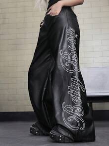 Betty Boop | ROMWE Collab Y2K Punk Babe PU Leather Low Waist Loose Wide Leg Pants - Black - View 6