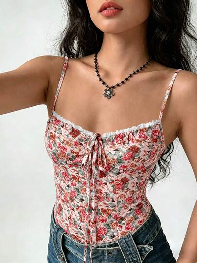 Cévolie Women's Floral Print Twist Front Camisole Top, Fashionable For Dates And Parties Cute Top Bustier Tops For Women Women's Corset Top Summer Tops For Women Women's Floral Top
