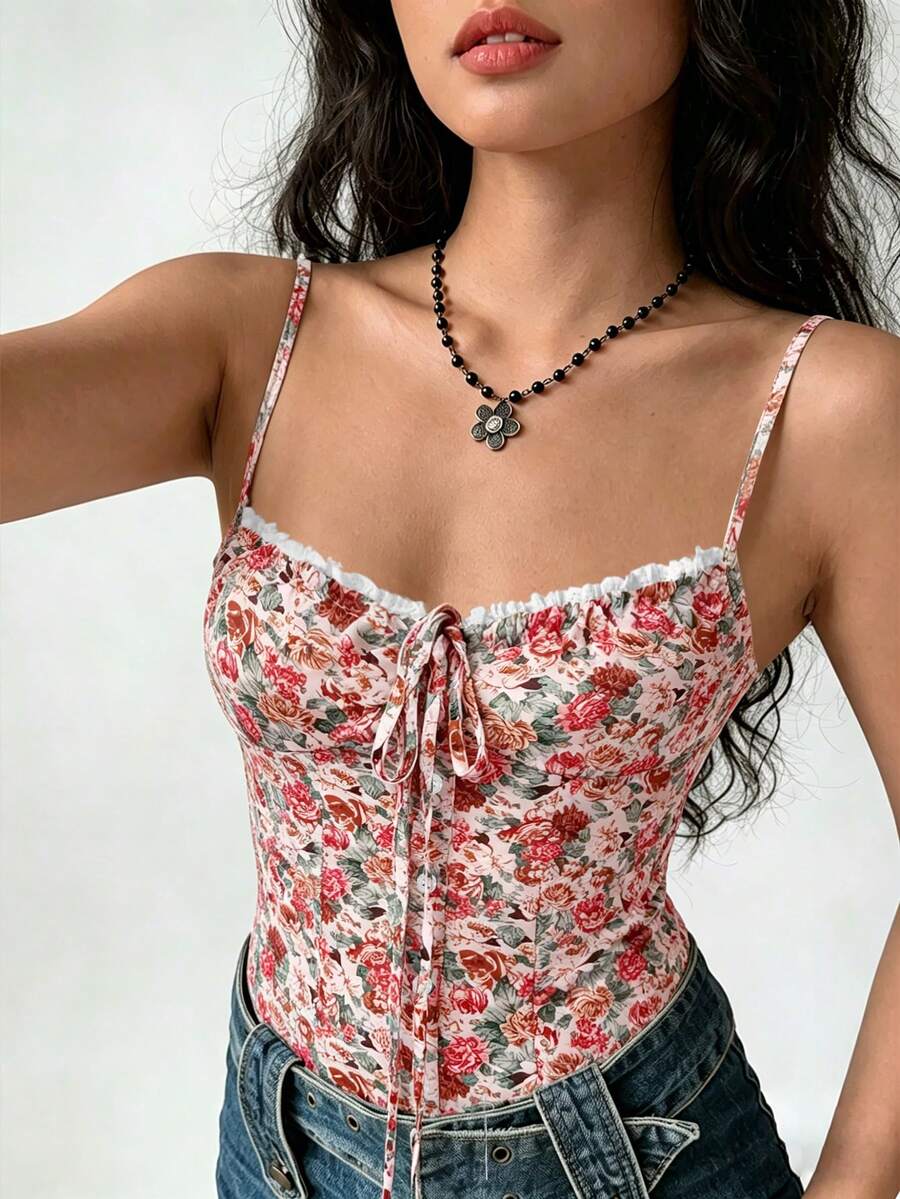 Cévolie Women's Floral Print Twist Front Camisole Top, Fashionable For Dates And Parties Cute Top Bustier Tops For Women Women's Corset Top Summer Tops For Women Women's Floral Top - Multicolor - View 1
