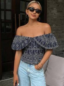 DAZY Women's Solid Color Strapless Off-Shoulder Elegant Cropped Blouse, Autumn Boho Vacation Outfits Women Summer - Dusty Blue - View 3