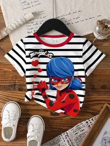 Miraculous Ladybug X SHEIN Áo thun ngắn tay in hình hoạt hình kẻ sọc, phong cách thường ngày, thời trang đường phố cho bé gái, thích hợp mặc đi làm, mùa hè. - trắng - Xem 7