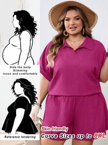 SHEIN CURVE+ Curve 尺码 US22 音乐节、海滨度假、波西米亚休闲纯色衬衫短裤套装 - 玫紅色 - 查看 3