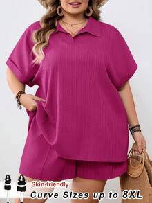 SHEIN CURVE+ Curve 尺码 US22 音乐节、海滨度假、波西米亚休闲纯色衬衫短裤套装 - 玫紅色 - 查看 9
