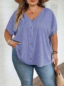 SHEIN CURVE+ Plus Size Summer Casual Striped Batwing Sleeve Shirt - Blue - View 7