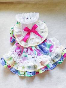 PETSIN 1 pieza Ropa universal para gato y perro, Vestido de mascota con volantes florales lindos, con lazo de mariposa y mangas abullonadas, Vestido de perro pequeño estilo princesa - Flor rota - Ver 4